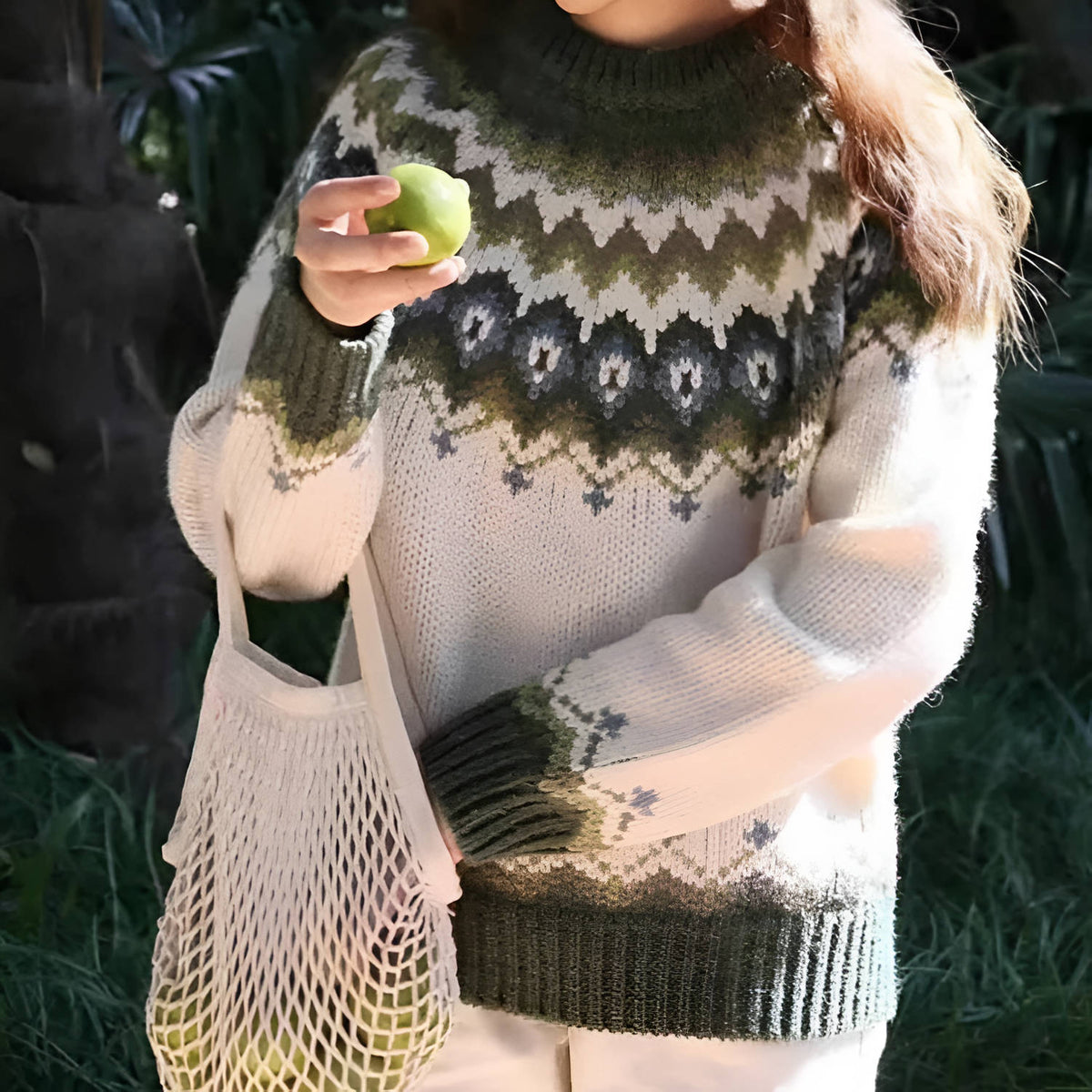 Fair Isle Crewneck Sweater for Women with Ribbed Cuffs and Geometric Pattern