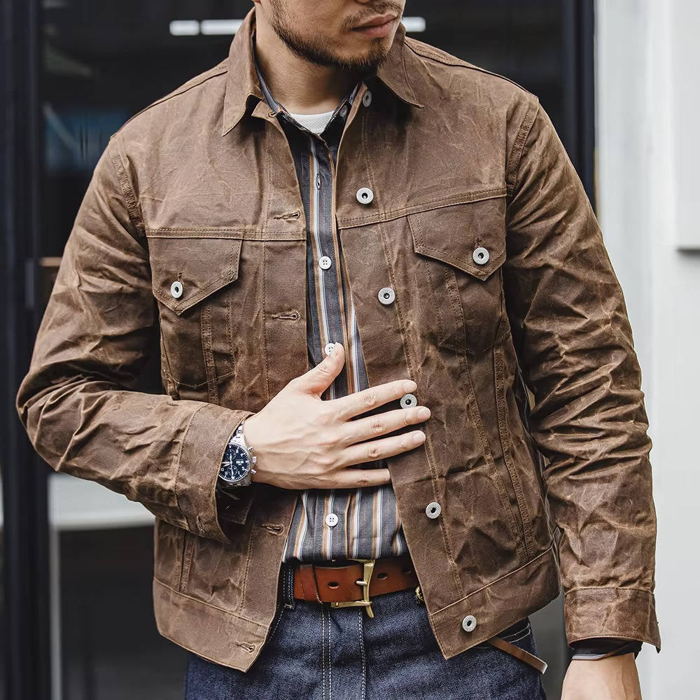 Waxed Cotton Rain Jacket with Metal Buttons and Adjustable Collar, Vintage Brown