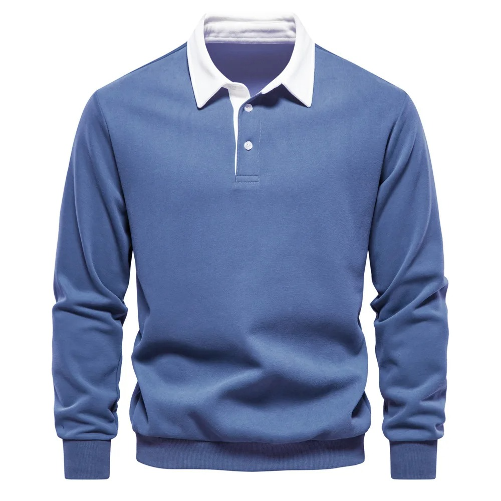 Men's Long Sleeve Polo Shirt with Three Button Neckline and Ribbed Cuffs