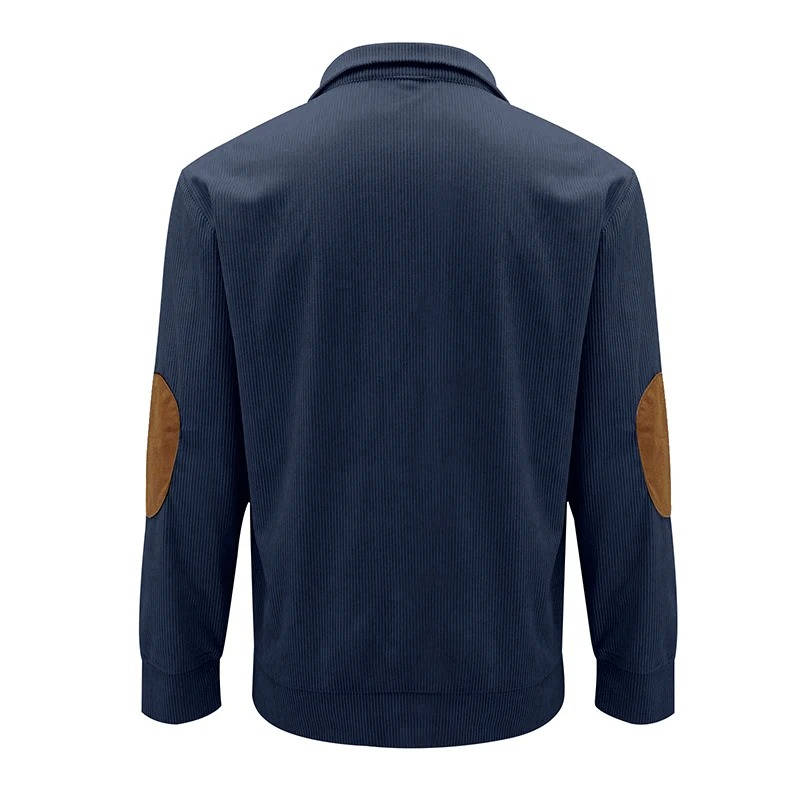 Fleece Lined Pullover Sweater with Button Neck Closure and Elbow Patches