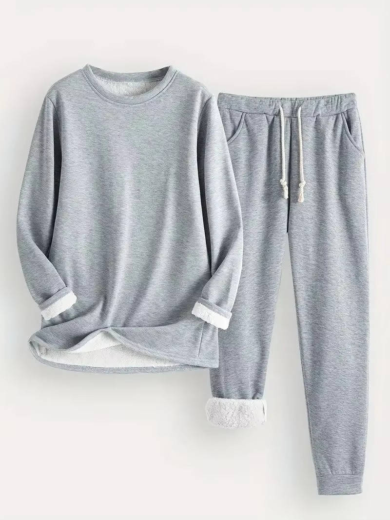 Two Piece Fleece Lined Sweatsuit with Crewneck Top and Drawstring Pants