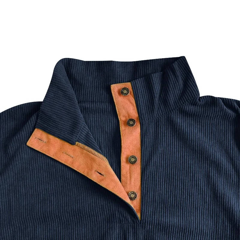 Fleece Lined Pullover Sweater with Button Neck Closure and Elbow Patches