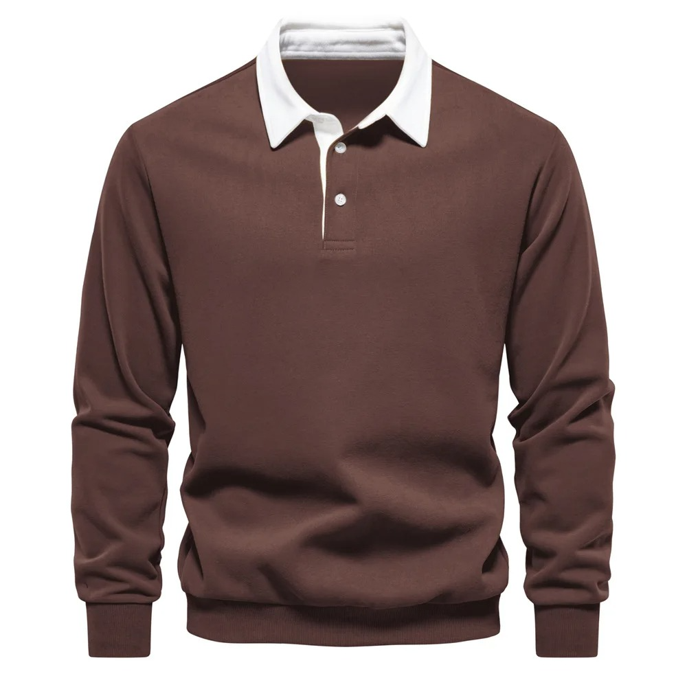 Men's Long Sleeve Polo Shirt with Three Button Neckline and Ribbed Cuffs