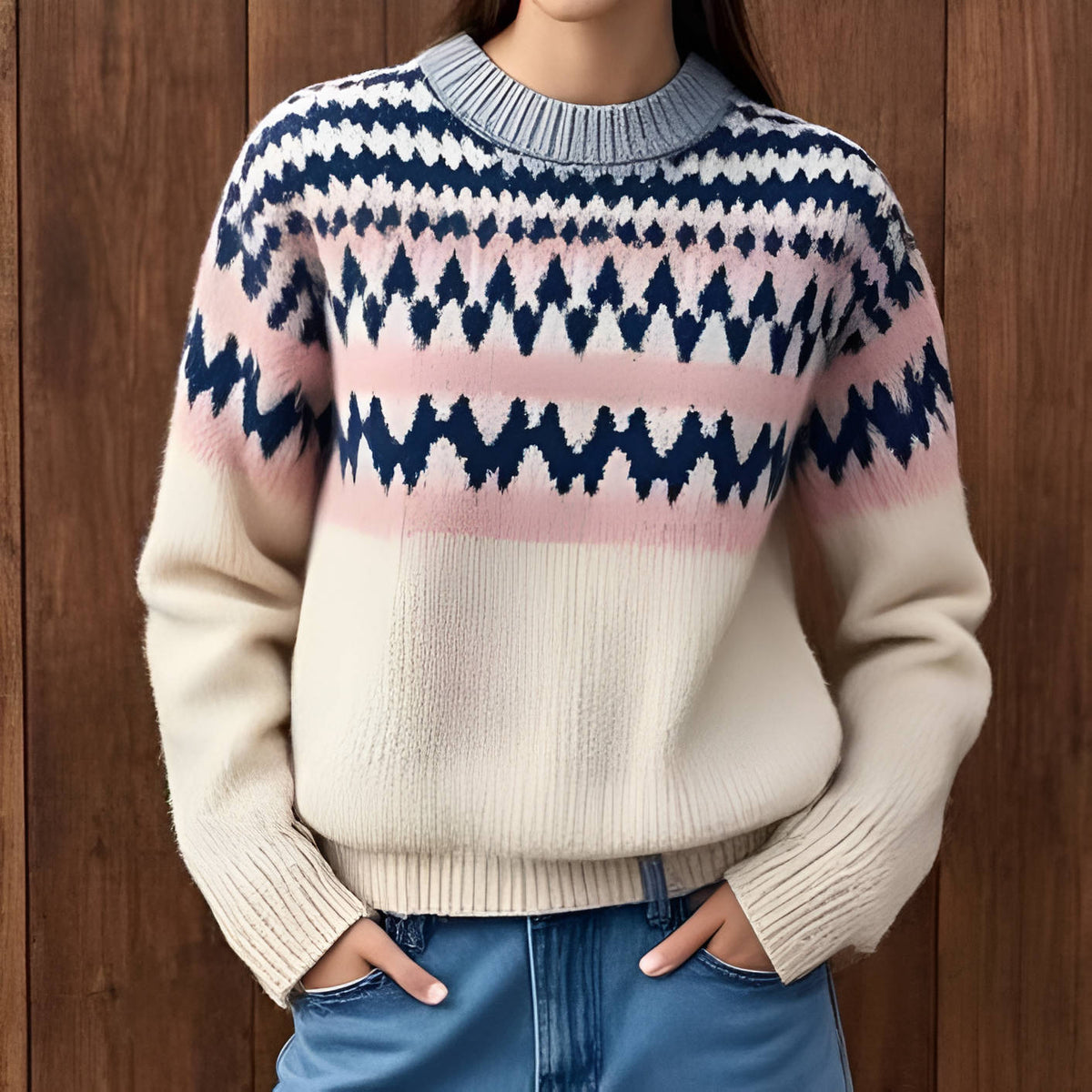 Fair Isle Crewneck Sweater for Women with Ribbed Cuffs and Geometric Pattern