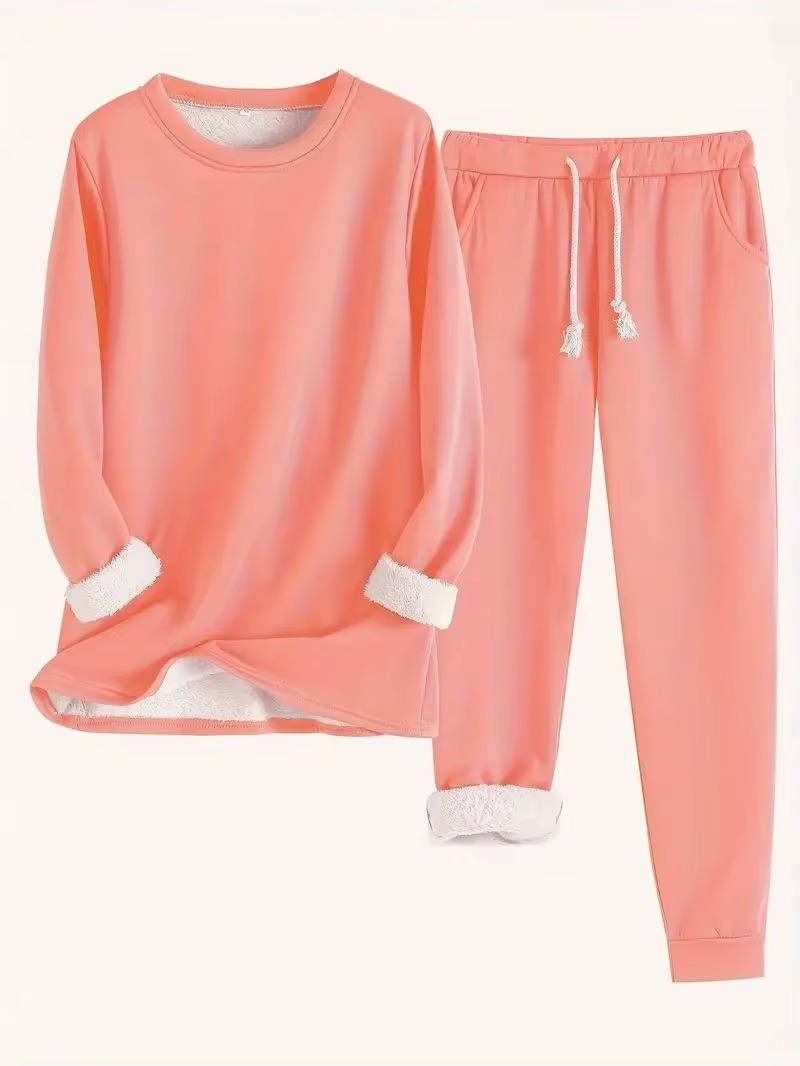 Two Piece Fleece Lined Sweatsuit with Crewneck Top and Drawstring Pants