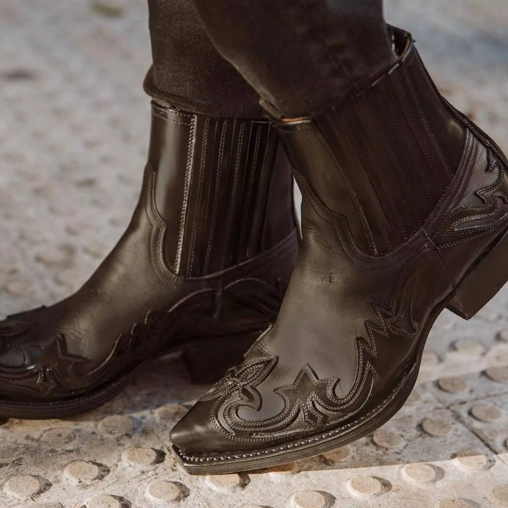 Women's Pointed Toe Western Boots with Embroidered Shaft and Rubber Grip Sole
