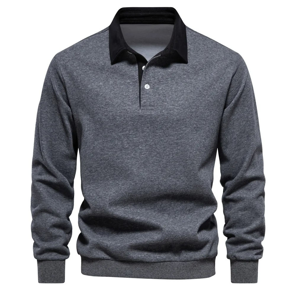 Men's Long Sleeve Polo Shirt with Three Button Neckline and Ribbed Cuffs