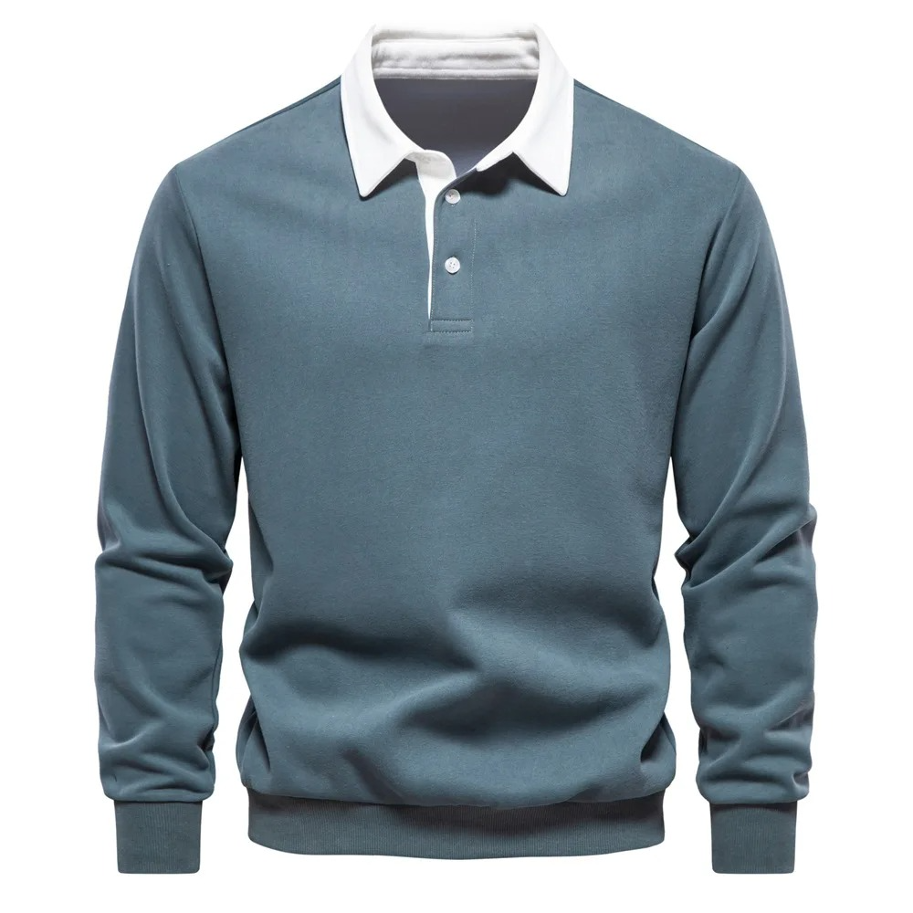 Men's Long Sleeve Polo Shirt with Three Button Neckline and Ribbed Cuffs