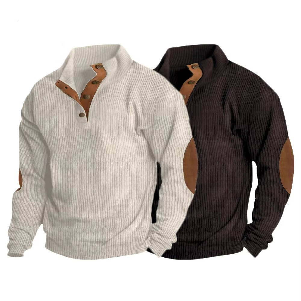 Fleece Lined Pullover Sweater with Button Neck Closure and Elbow Patches