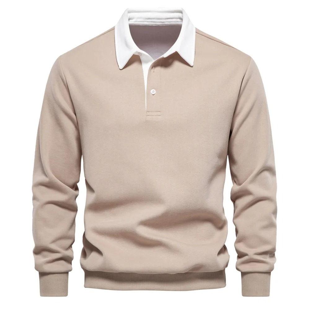 Men's Long Sleeve Polo Shirt with Three Button Neckline and Ribbed Cuffs
