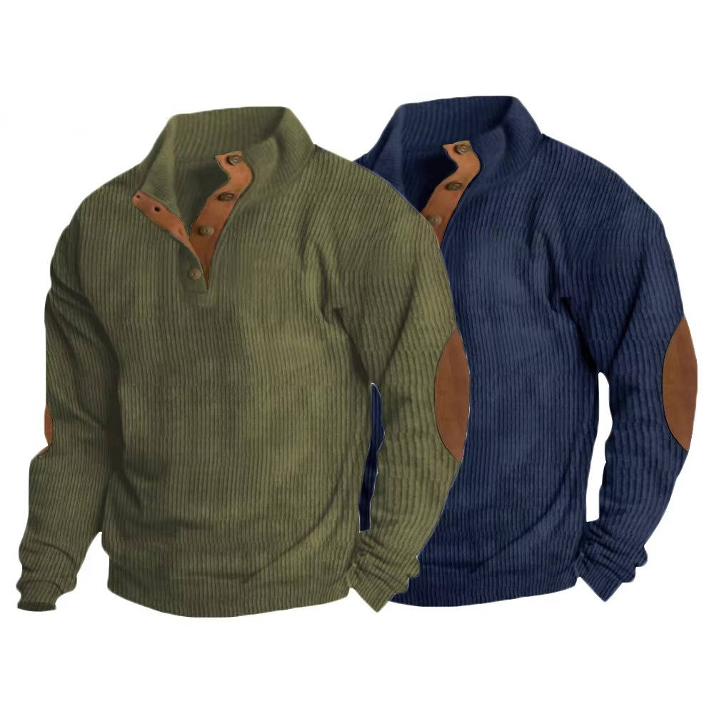 Fleece Lined Pullover Sweater with Button Neck Closure and Elbow Patches