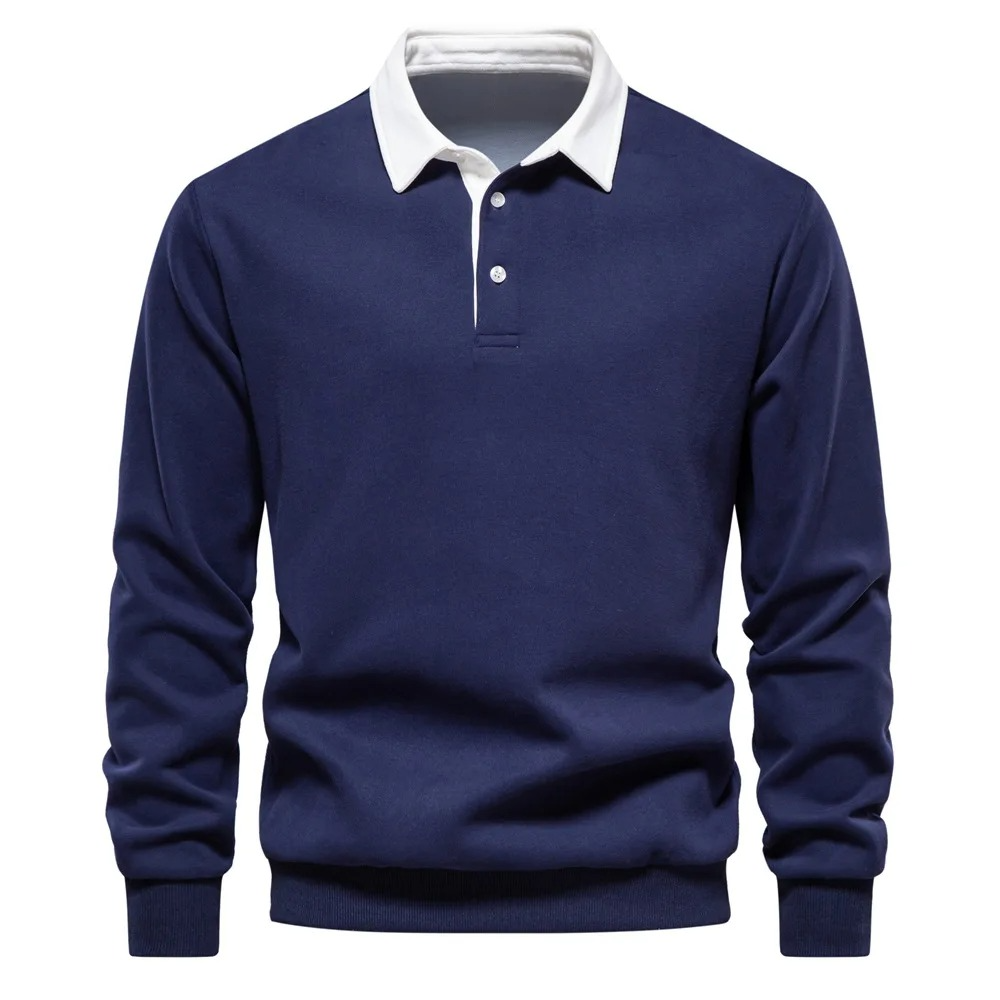Men's Long Sleeve Polo Shirt with Three Button Neckline and Ribbed Cuffs