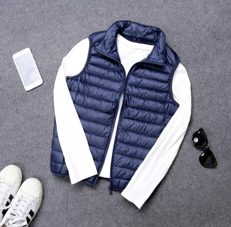 Packable Down Vest with Stand Up Collar and Three Pockets, Wind Resistant
