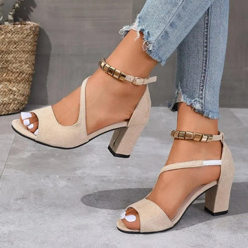 Damen-Sandalen mit Blockabsatz und Knöchelriemen – Offene Zehenpartie