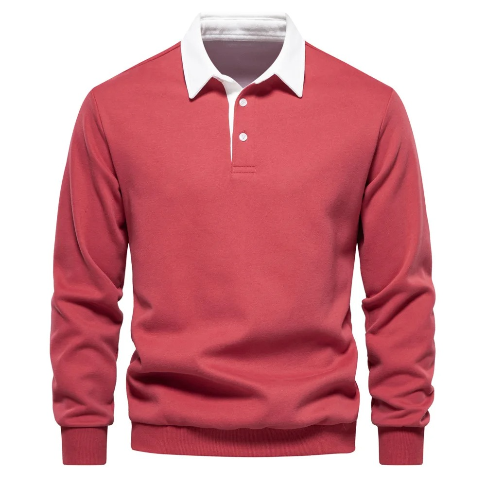 Men's Long Sleeve Polo Shirt with Three Button Neckline and Ribbed Cuffs