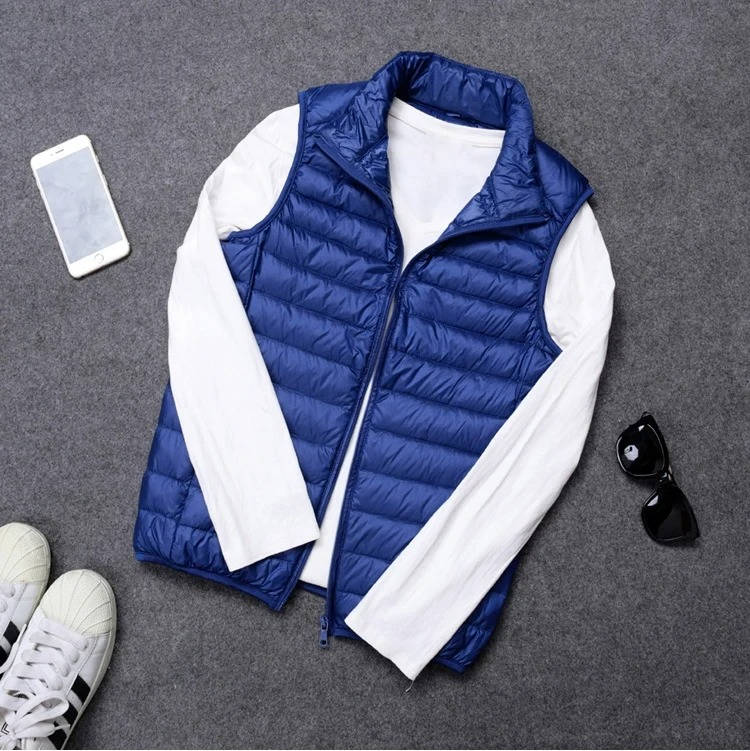 Packable Down Vest with Stand Up Collar and Three Pockets, Wind Resistant