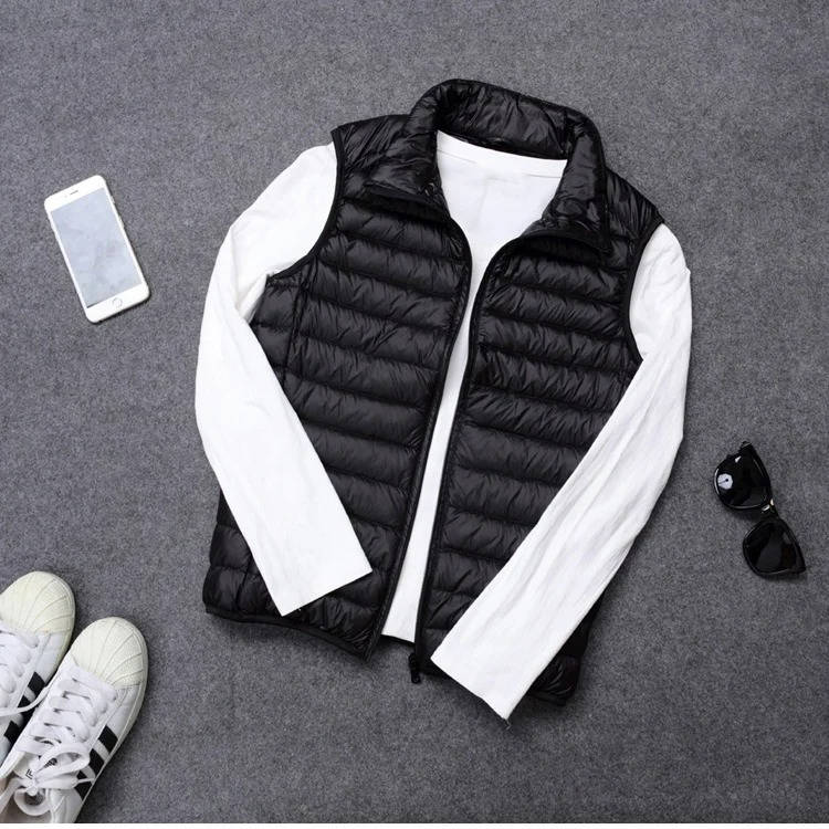 Packable Down Vest with Stand Up Collar and Three Pockets, Wind Resistant