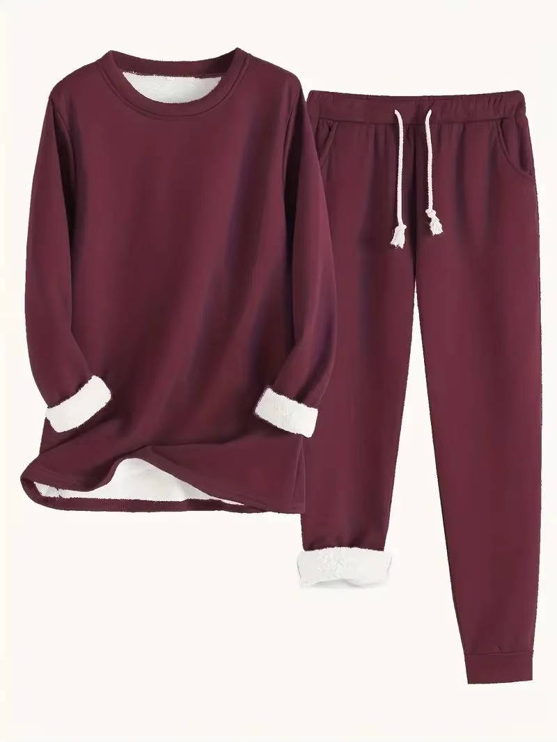Two Piece Fleece Lined Sweatsuit with Crewneck Top and Drawstring Pants