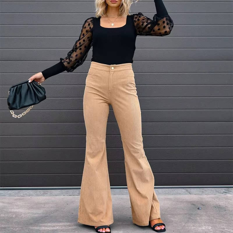 Women's Corduroy Flare Pants with Elastic Stretch and High Rise Waist, Four Pockets