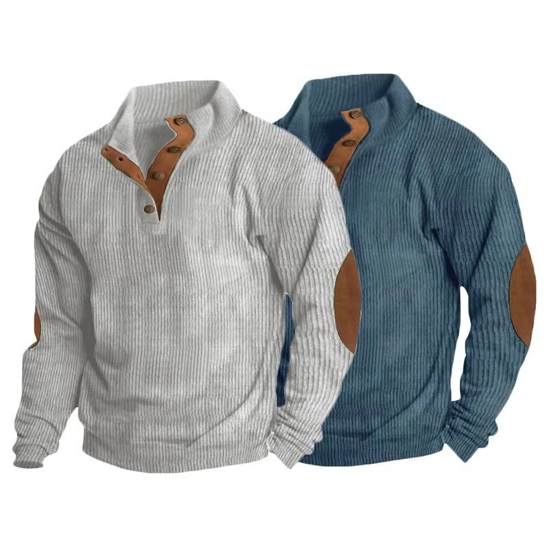 Fleece Lined Pullover Sweater with Button Neck Closure and Elbow Patches