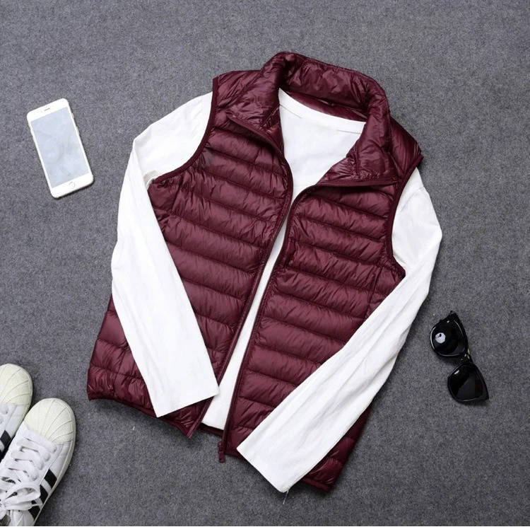 Packable Down Vest with Stand Up Collar and Three Pockets, Wind Resistant