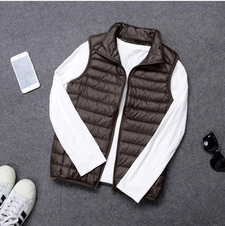Packable Down Vest with Stand Up Collar and Three Pockets, Wind Resistant