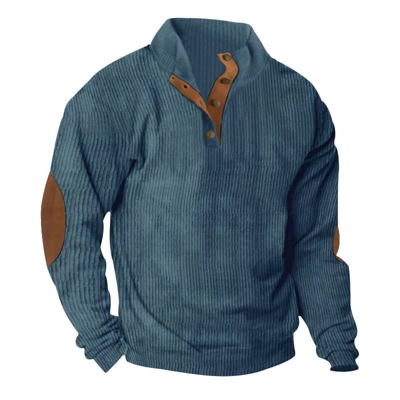 Fleece Lined Pullover Sweater with Button Neck Closure and Elbow Patches