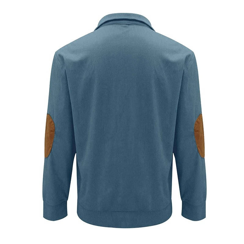 Fleece Lined Pullover Sweater with Button Neck Closure and Elbow Patches
