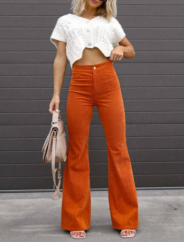 Women's Corduroy Flare Pants with Elastic Stretch and High Rise Waist, Four Pockets