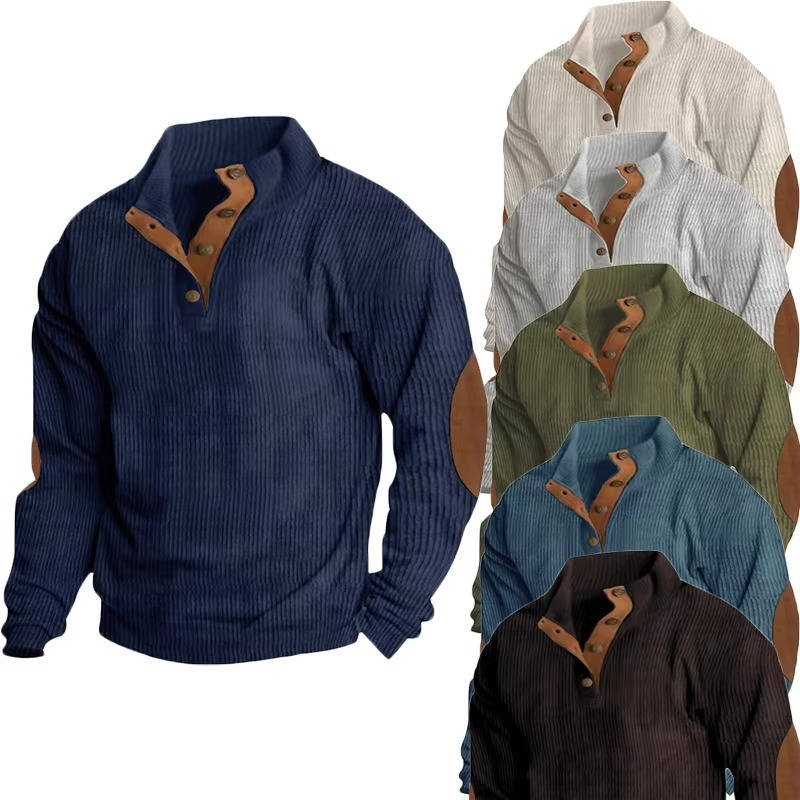 Fleece Lined Pullover Sweater with Button Neck Closure and Elbow Patches