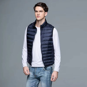 Packable Down Vest with Stand Up Collar and Three Pockets, Wind Resistant