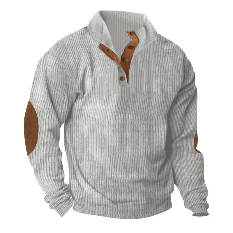 Fleece Lined Pullover Sweater with Button Neck Closure and Elbow Patches