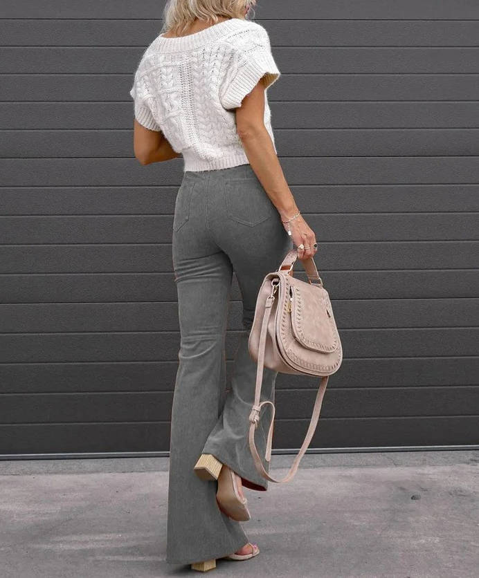 Women's Corduroy Flare Pants with Elastic Stretch and High Rise Waist, Four Pockets