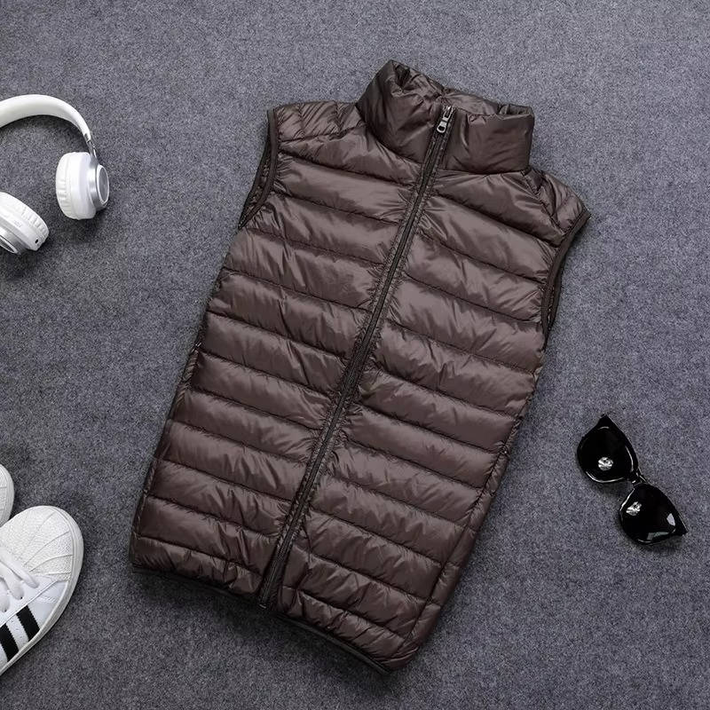 Packable Down Vest with Stand Up Collar and Three Pockets, Wind Resistant