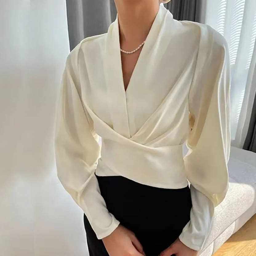 Satin Blouse with V Neckline and Back Zipper for Women, Long Sleeve