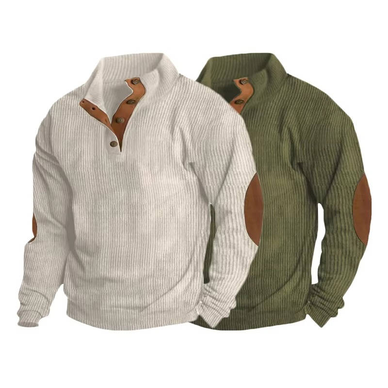 Fleece Lined Pullover Sweater with Button Neck Closure and Elbow Patches