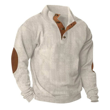 Fleece Lined Pullover Sweater with Button Neck Closure and Elbow Patches