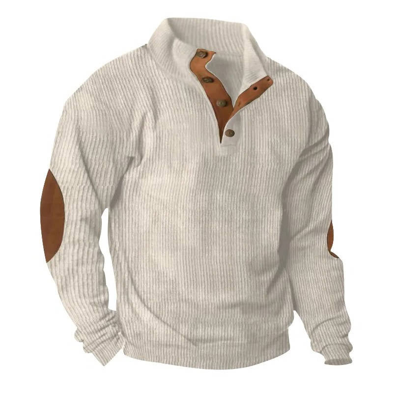 Fleece Lined Pullover Sweater with Button Neck Closure and Elbow Patches