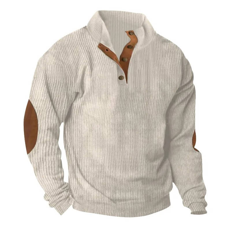Fleece Lined Pullover Sweater with Button Neck Closure and Elbow Patches
