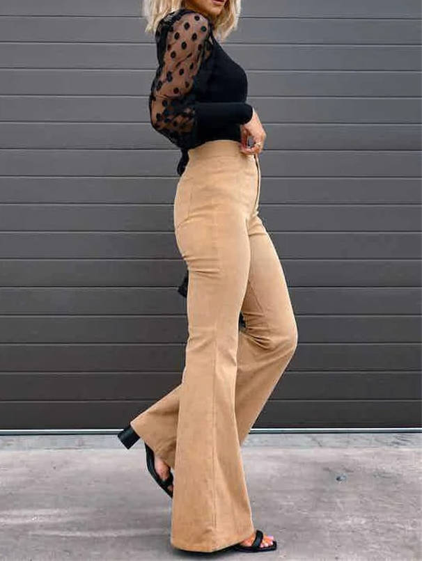 Women's Corduroy Flare Pants with Elastic Stretch and High Rise Waist, Four Pockets