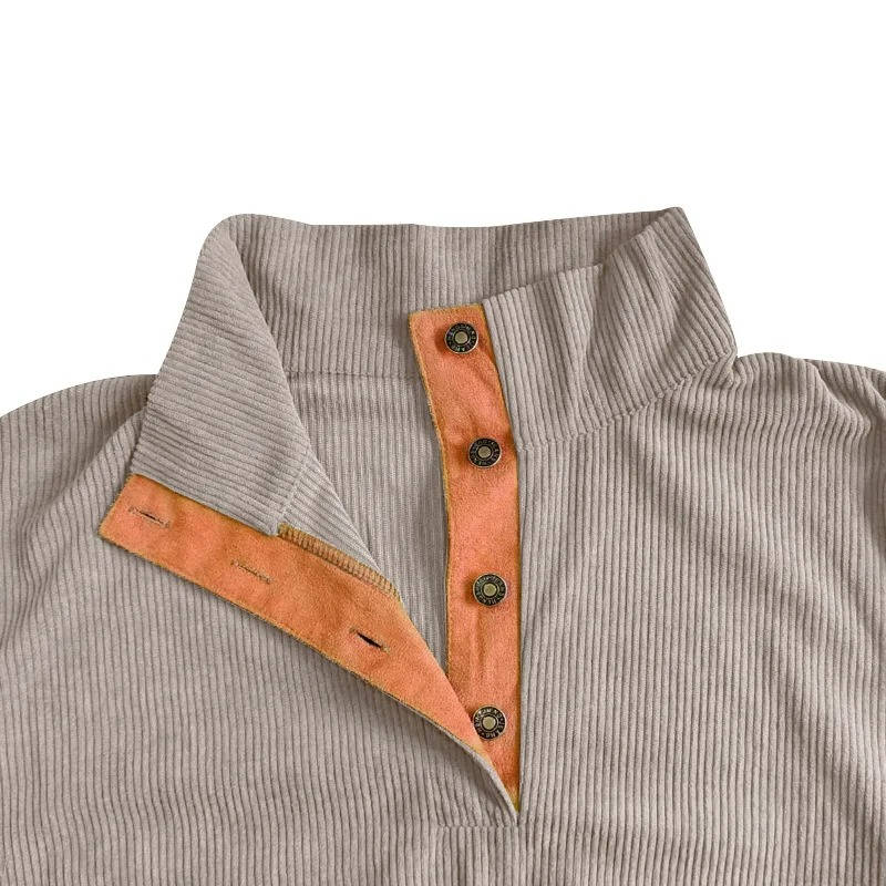 Fleece Lined Pullover Sweater with Button Neck Closure and Elbow Patches