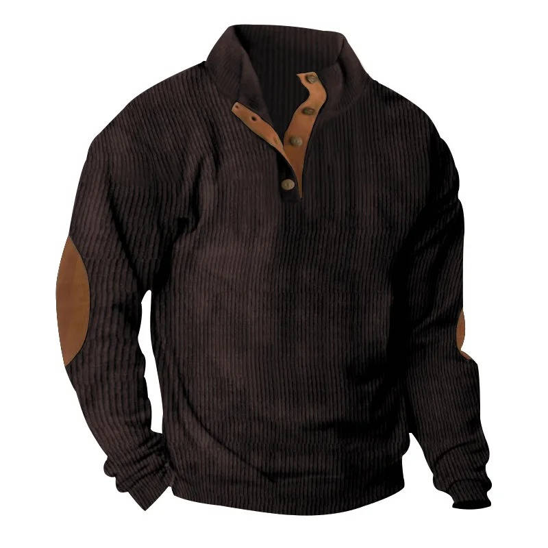 Fleece Lined Pullover Sweater with Button Neck Closure and Elbow Patches