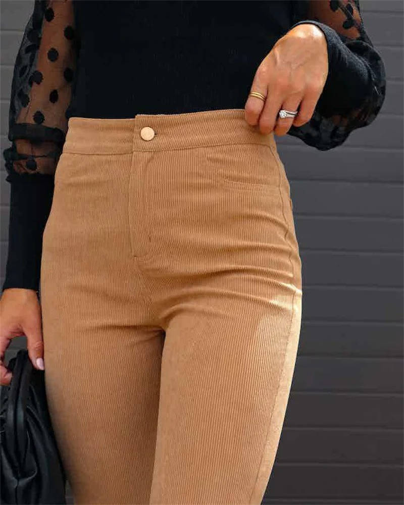 Women's Corduroy Flare Pants with Elastic Stretch and High Rise Waist, Four Pockets