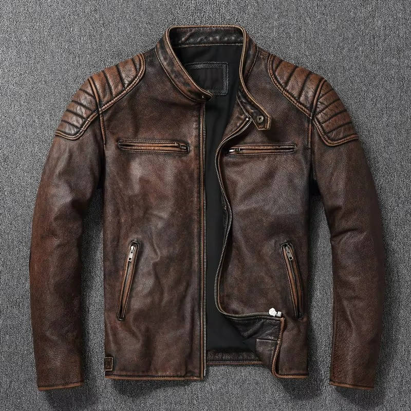 Motorcycle Jacket with Quilted Heat-Trapping Design and Adjustable Snap Collar, Four Pockets