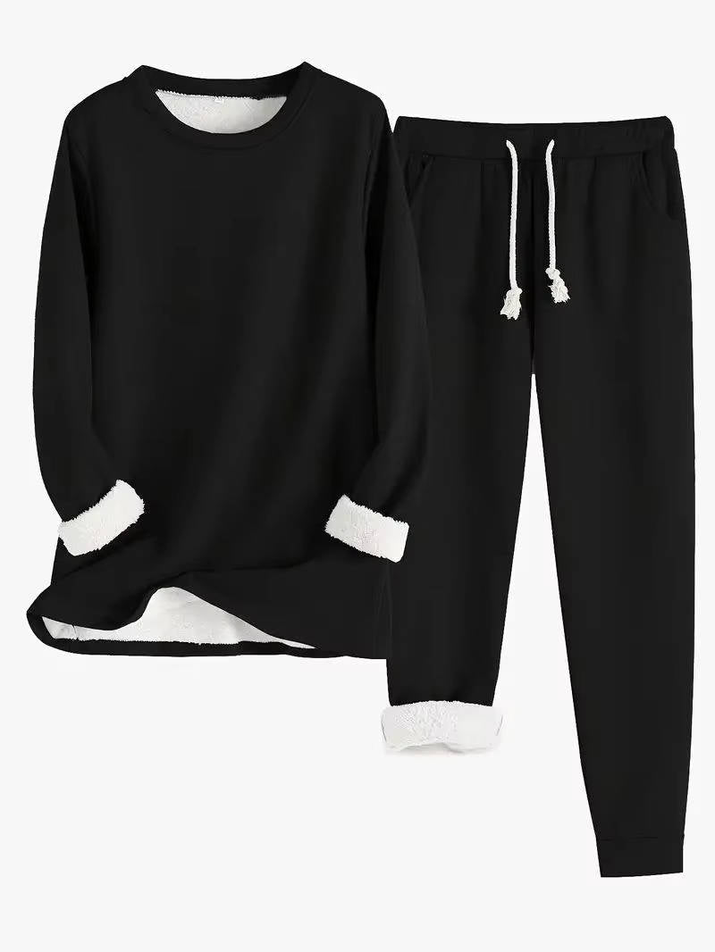 Two Piece Fleece Lined Sweatsuit with Crewneck Top and Drawstring Pants