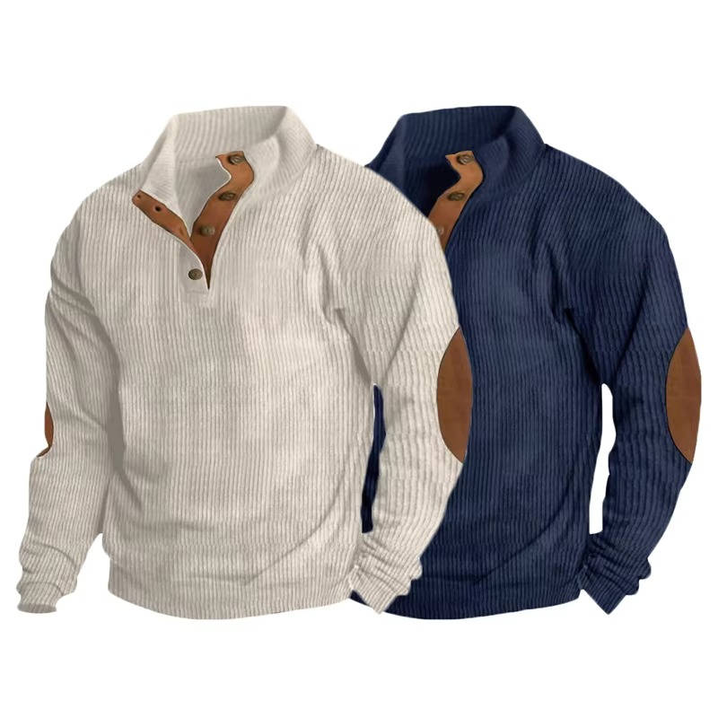 Fleece Lined Pullover Sweater with Button Neck Closure and Elbow Patches