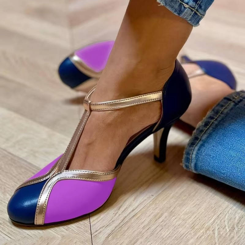 Women’s Vintage T-Strap Heels with Rounded Toe and Slim Heel