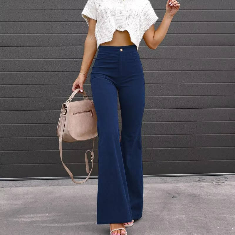 Women's Corduroy Flare Pants with Elastic Stretch and High Rise Waist, Four Pockets