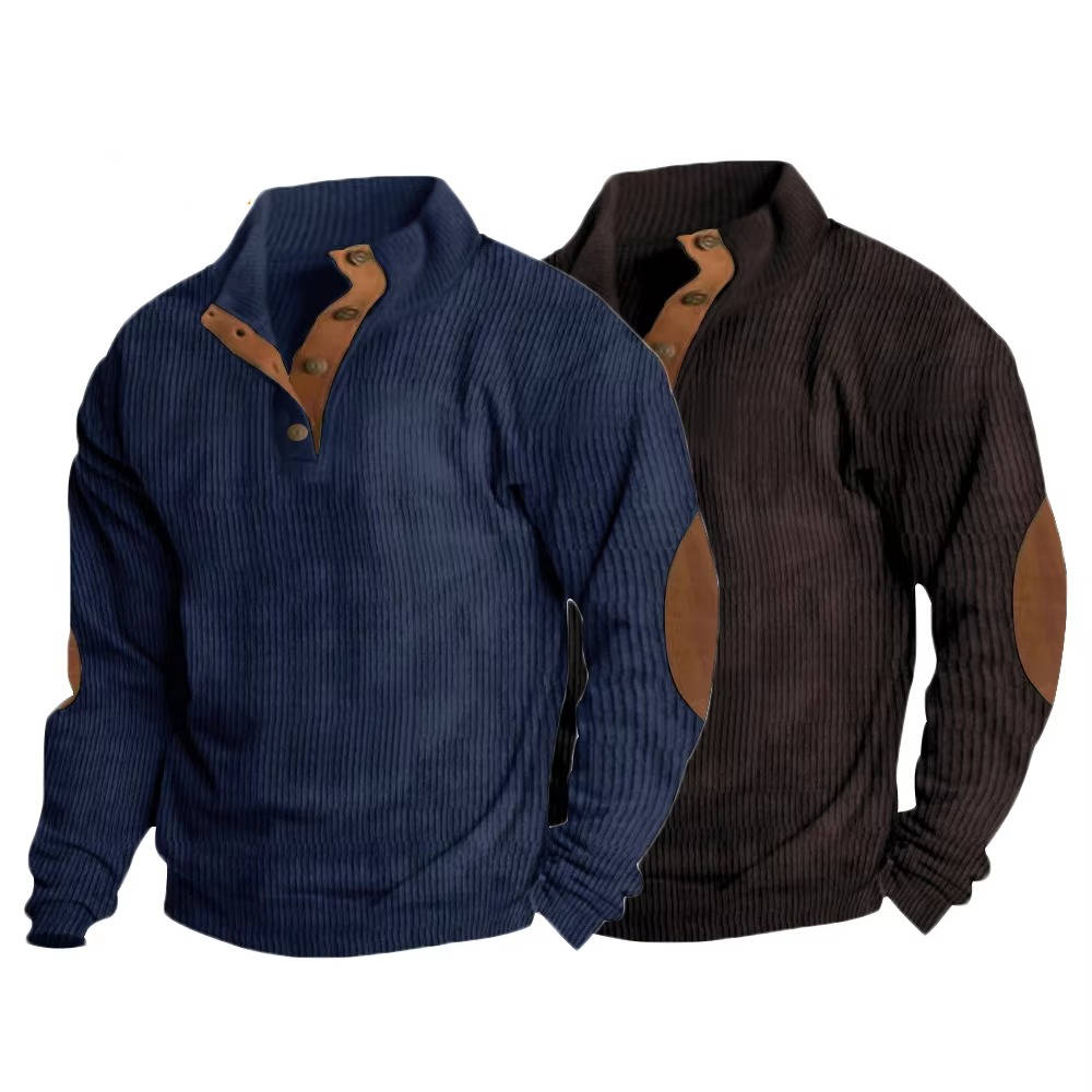Fleece Lined Pullover Sweater with Button Neck Closure and Elbow Patches