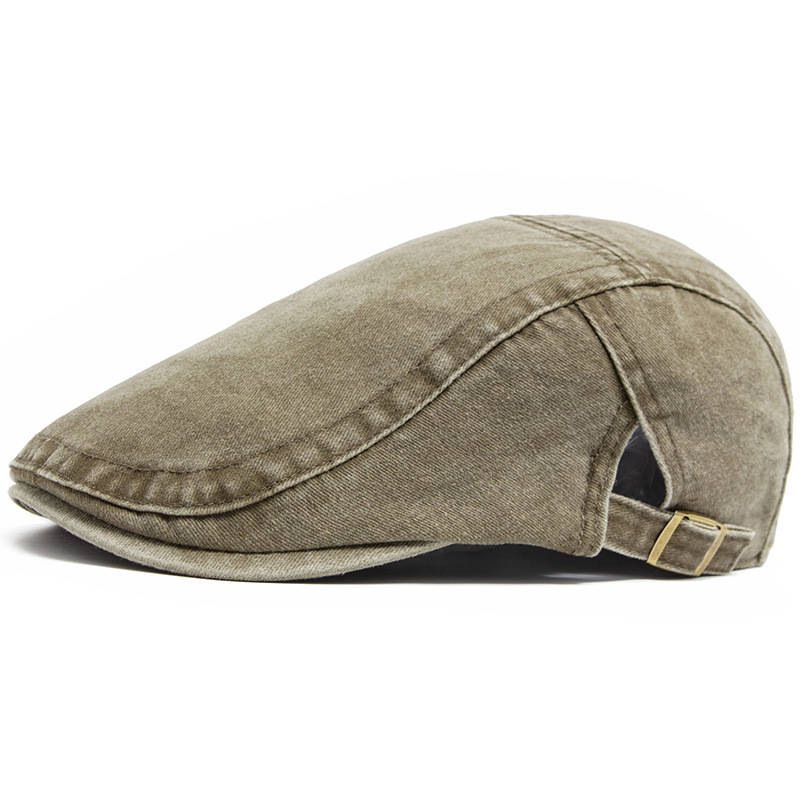 Newsboy Flat Cap with Adjustable Band and Distressed Cotton Denim, Eight Panel